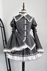 Grey Long Hime Sleeves Ruffle Embroidery Buckle Gothic Japanese Lolita Skirt Set